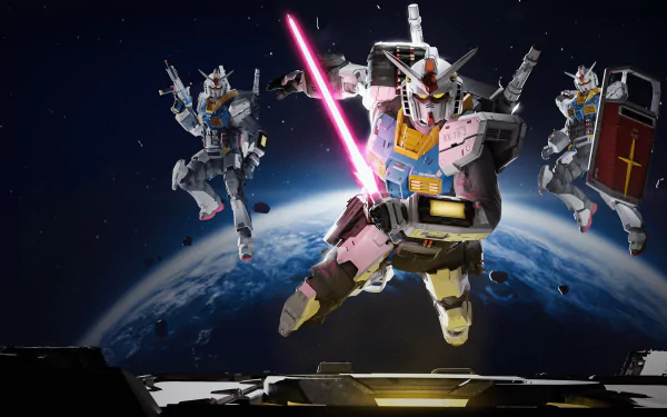 HD desktop wallpaper featuring three Gundam robots armed and posed in space above Earth, with one in the foreground wielding a pink energy sword.