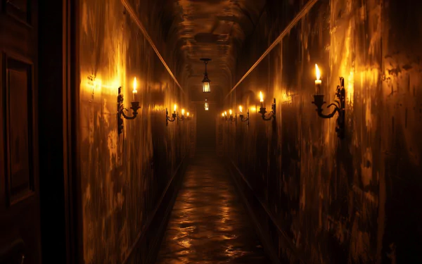Dimly lit, eerie hall with antique lamps casting ominous shadows on the walls, creating a scary atmosphere. HD desktop wallpaper and background.