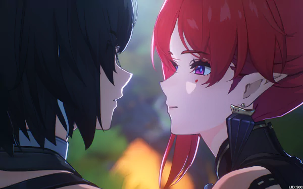 HD wallpaper featuring Yinlin from the video game Wuthering Waves. The image showcases a close-up scene with Yinlin standing face-to-face with another character. Vibrant colors and detailed artwork.