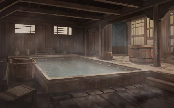 HD desktop wallpaper featuring a serene indoor bathhouse scene from the video game The Hungry Lamb: Traveling in the Late Ming Dynasty. The setting is detailed with wooden interiors and soft lighting.