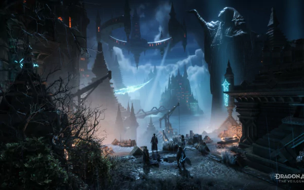 HD desktop wallpaper featuring a dark, fantasy scene from the video game Dragon Age: The Veilguard, showcasing a mystical fortress under a dramatic night sky with towering statues and ominous architecture.