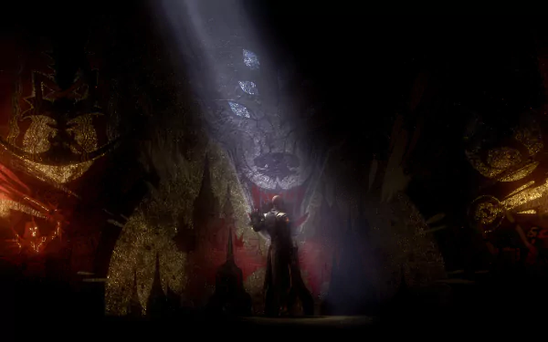 A HD desktop wallpaper of Dragon Age: The Veilguard showing a dramatic, dark scene with a character illuminated by a beam of light amidst ominous, intricate backgrounds.