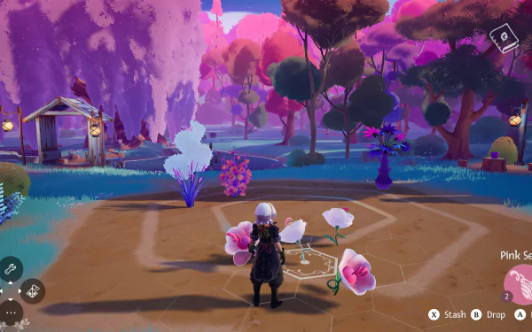 HD wallpaper from the video game Wanderstop, depicting a character standing in a colorful, vibrant forest with soft hues of pinks and purples, surrounded by blooming flowers and quaint structures.