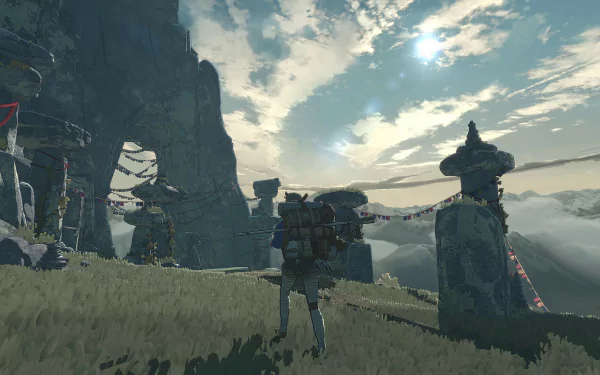 A high-definition desktop wallpaper featuring a video game scene with a character standing near a cairn set against a mountainous backdrop under a partly cloudy sky.