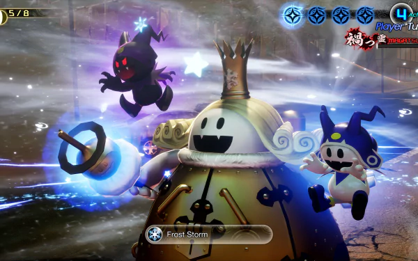 HD desktop wallpaper and background from the video game Shin Megami Tensei V: Vengeance, depicting a battle scene with vibrant characters and a Frost Storm attack.