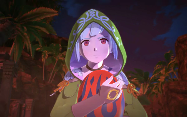 A character from Monster Hunter Stories 2: Wings of Ruin holds an egg, set against a lush jungle backdrop. This HD desktop wallpaper captures the game's vibrant and adventurous atmosphere.