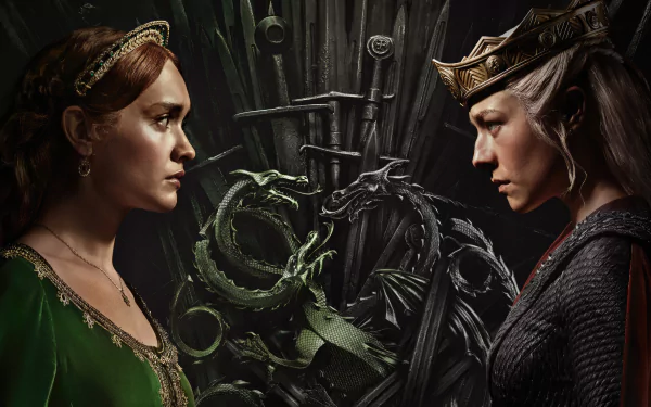 HD wallpaper featuring two characters in a tense standoff from the TV show House of the Dragon, with a dragon-themed Iron Throne in the background.