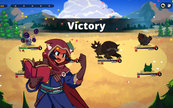 HD desktop wallpaper featuring characters from the video game Dicefolk. Centered is a mage in a victory pose, a Victory banner above, set against a picturesque mountain landscape.