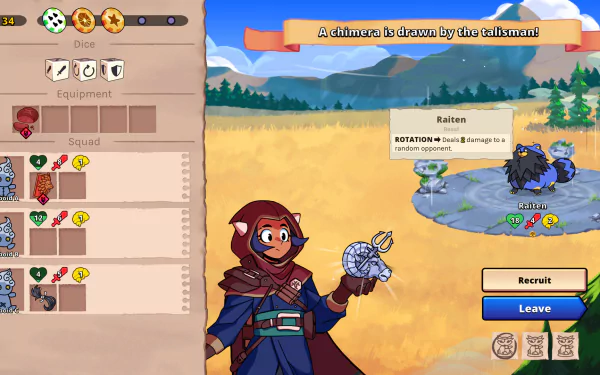 HD desktop wallpaper featuring a character from the video game Dicefolk, holding a dice talisman against a scenic landscape with gameplay elements displayed on the screen.
