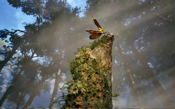 HD wallpaper and background of a forest scene from the video game Empire of the Ants, featuring a butterfly perched on a moss-covered tree stump with sunlight filtering through the trees.