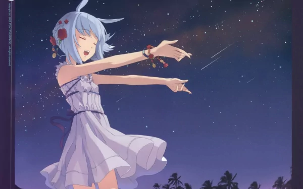 Anime girl in a white dress dancing under a starry sky with shooting stars — DJMax video game, 2K Quad HD PC desktop wallpaper/background.