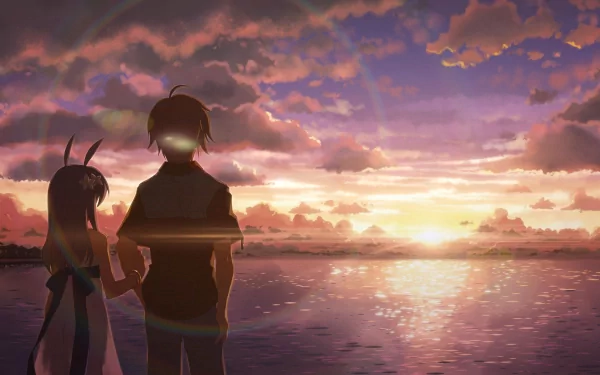 HD PC desktop wallpaper background from the video game DJMax: two silhouetted characters holding hands at a glowing ocean sunset, clouds and light reflecting on the water.