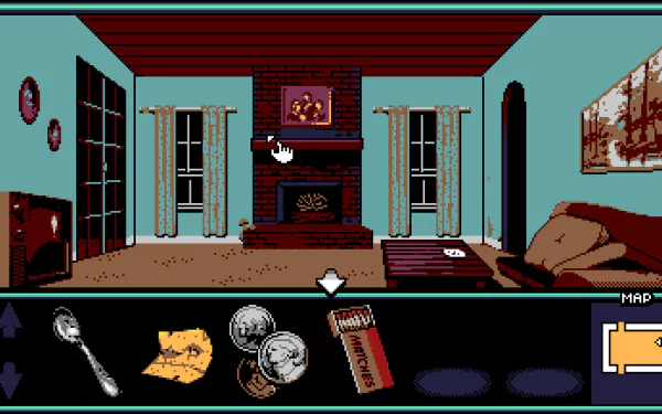 This HD desktop wallpaper features a vintage-style video game from UFO 50, depicting a pixel art living room with game icons displayed at the bottom.