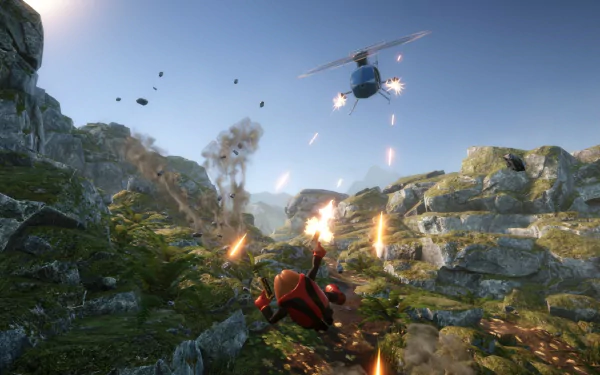 HD desktop wallpaper featuring a dynamic action scene from the video game Killer Bean, showcasing intense firefight in a rugged, mountainous landscape with a character engaging a helicopter.