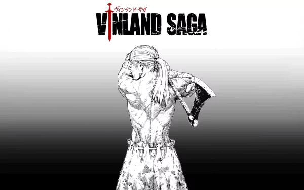 HD desktop wallpaper featuring Thorfinn from Vinland Saga manga. The image showcases Thorfinn with his back turned, under the Vinland Saga title in bold text.