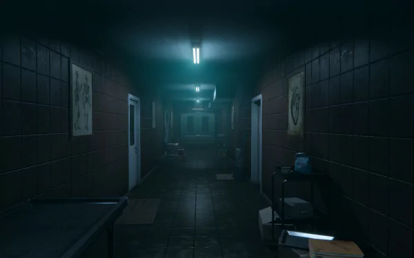 HD desktop wallpaper of a dimly lit hallway from the video game Autopsy Simulator, featuring medical equipment and dark walls.