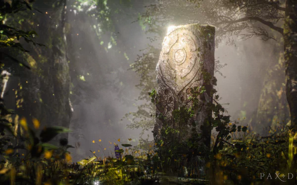 A mystical forest scene from the video game Pax Dei, this HD desktop wallpaper features an ancient stone pillar adorned with intricate carvings, surrounded by lush foliage and bathed in ethereal light.