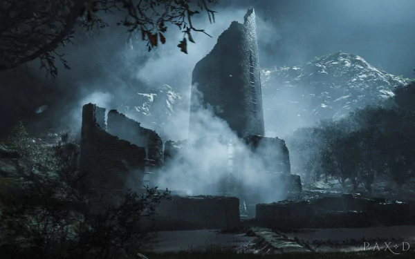 HD desktop wallpaper of the video game Pax Dei, featuring a mysterious, misty ruin illuminated under a cloudy, moonlit sky.
