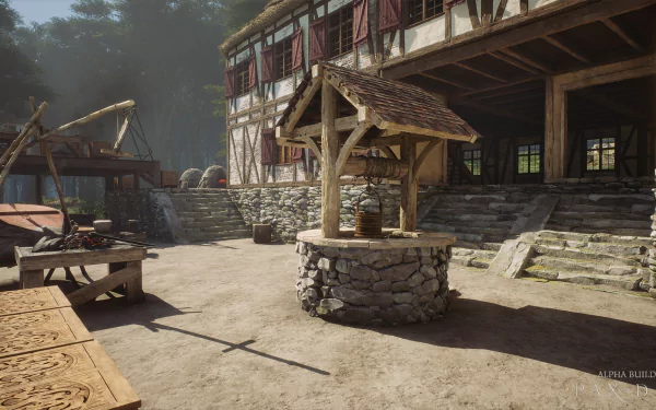 HD desktop wallpaper featuring a serene courtyard from the video game Pax Dei, showcasing a rustic well with stone base and wooden roof, surrounded by a medieval-style building and outdoor structures.