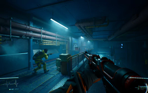 HD desktop wallpaper of Level Zero: Extraction video game showing a first-person shooter scene in a dimly lit, industrial environment with two players armed in tactical gear.