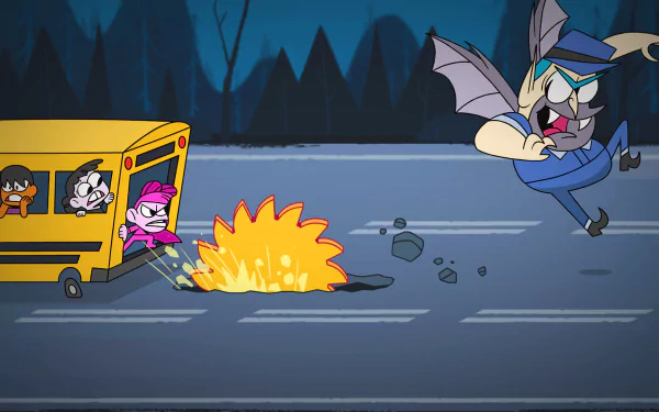 HD desktop wallpaper featuring an animated scene from the video game BLUD with characters escaping from a school bus as a bat-like creature chases them.