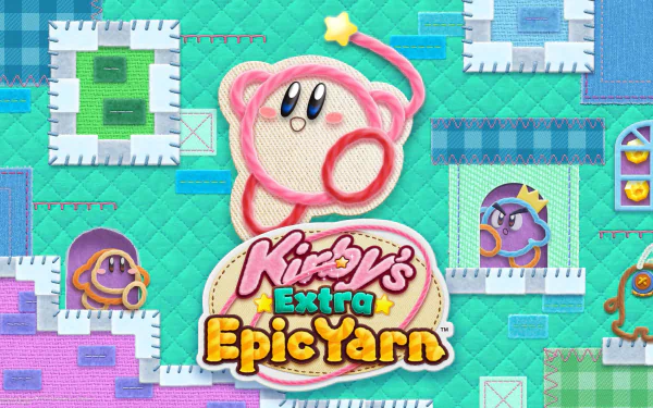 4K Ultra HD desktop wallpaper featuring Kirby from Kirby's Epic Yarn in a colorful, yarn-crafted world with stitched textures and playful design elements.