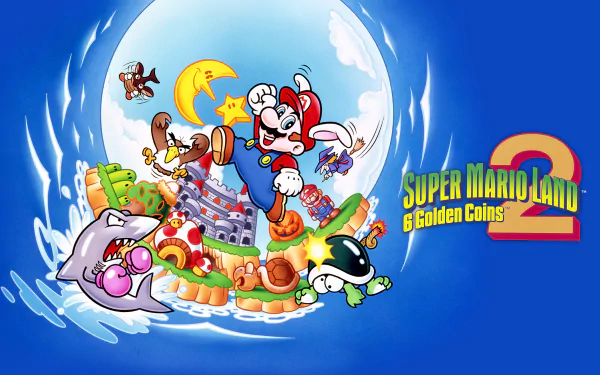 4K Ultra HD PC desktop wallpaper featuring vibrant characters and elements from Super Mario Land 2: 6 Golden Coins against a blue background with the game title.