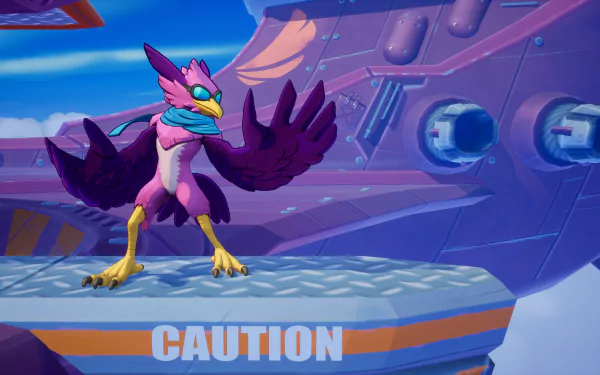 A HD wallpaper featuring a character from the video game Rivals 2, depicting a vibrant bird-like figure standing on a platform labeled CAUTION, with a futuristic background.
