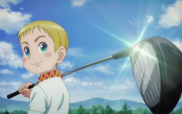 HD desktop wallpaper featuring an anime character from Rising Impact, smiling while holding a golf club against a scenic blue sky and green landscape backdrop.