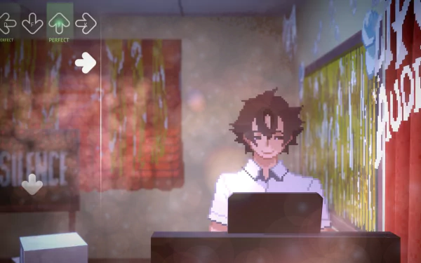 HD desktop wallpaper from the video game Until Then, featuring a pixelated character working on a computer in a room with the word SILENCE on the wall.