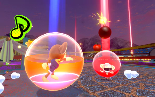 HD desktop wallpaper and background image of the video game Super Monkey Ball Banana Rumble, featuring two monkeys in balls navigating a vibrant and dynamic obstacle course with colorful laser beams.