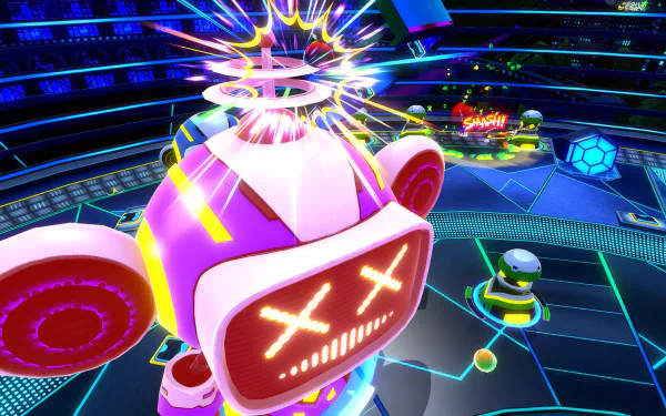 HD desktop wallpaper featuring a vibrant scene from the video game Super Monkey Ball Banana Rumble, showcasing an electrified robotic character with X-shaped eyes in a colorful, futuristic arena.