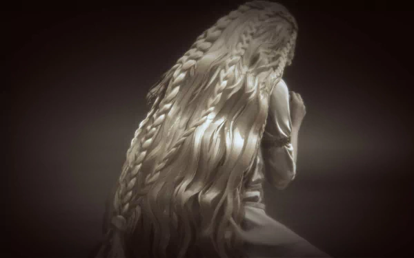 HD desktop wallpaper of Miquella of the Haligtree from Elden Ring: Shadow of the Erdtree, featuring a detailed, sepia-toned image with intricate braids.