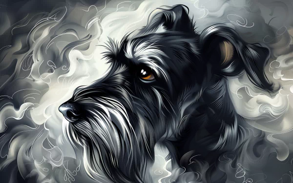 Artistic HD wallpaper featuring a schnauzer, capturing the dog's expressive face against a swirling, smoky background in shades of black and gray.
