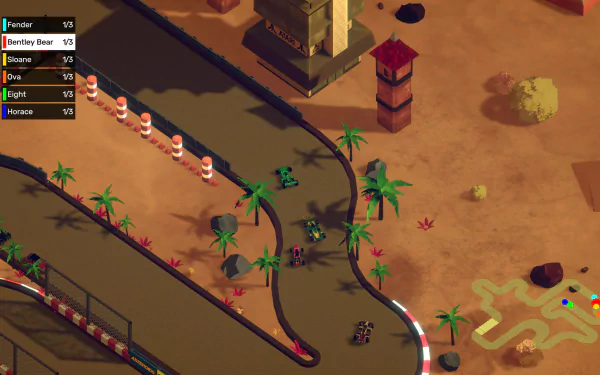 HD desktop wallpaper featuring a racing scene from the video game NeoSprint, with karts on a desert track surrounded by palm trees and barriers.