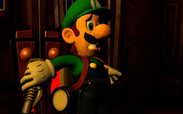 HD desktop wallpaper featuring Luigi from Luigi's Mansion 2, anxiously holding his Poltergust in a dark, eerie hallway.