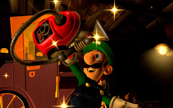 A HD desktop wallpaper and background featuring Luigi from Luigi's Mansion 2, holding a bright red vacuum cleaner amidst sparkling lights in a dimly lit room.