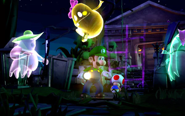 HD desktop wallpaper of Luigi's Mansion 2 featuring Luigi with a flashlight and Toad among colorful ghosts in front of a haunted mansion at night.
