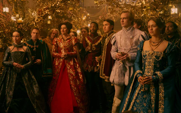 HD desktop wallpaper from the movie My Lady Jane featuring a group of characters in ornate, historical costumes at a lavish gathering.