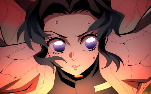 Anime-style 4K Ultra HD wallpaper featuring Shinobu Kochou from Demon Slayer: Kimetsu no Yaiba with glowing eyes and intense expression.