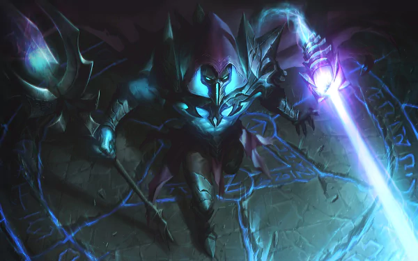 HD desktop wallpaper of Viktor from League of Legends, featuring the character in a powerful stance with his weapon glowing and an intricate, arcane background.