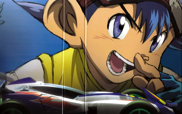 HD desktop wallpaper featuring an anime character from Bakusō Kyōdai Let's & Go!! with a detailed racing car in the foreground.