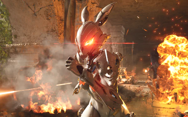 HD desktop wallpaper and background featuring a high-energy scene from the video game The First Descendant, showcasing a futuristic character amidst explosions and action.