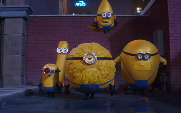 HD desktop wallpaper of characters from Despicable Me 4, featuring minions in a city alley at night.