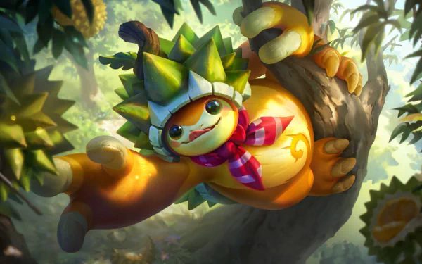 HD desktop wallpaper featuring Rammus from League of Legends, animated with vibrant colors climbing a tree in a lush, sunlit forest.