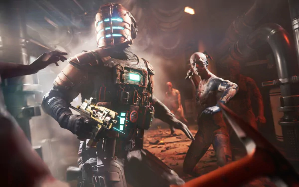 An intense HD background from the video game Battlefield 2042, featuring a heavily armored soldier in a high-tech combat suit amidst a chaotic battle scene.
