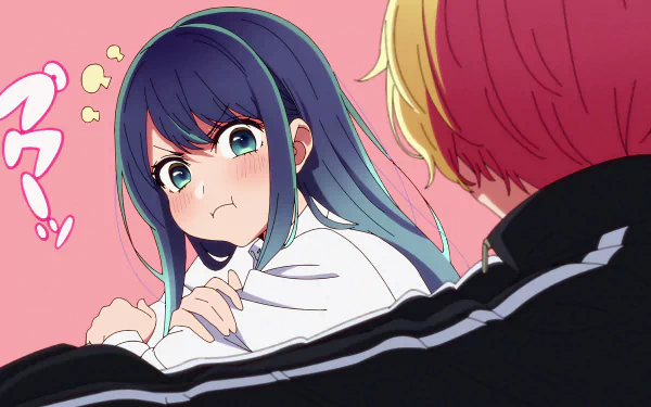 HD desktop wallpaper featuring Akane Kurokawa from the anime Oshi no Ko, showing a vibrant scene with Akane looking surprised or flustered, set against a pink background.