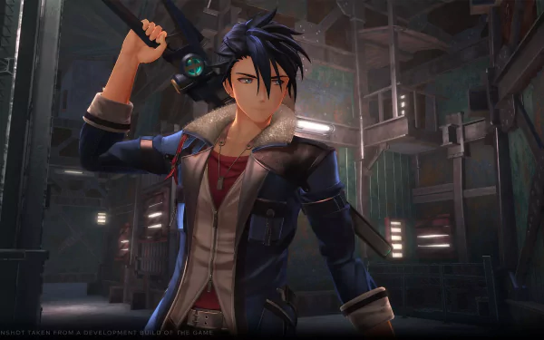 HD desktop wallpaper from The Legend of Heroes: Trails through Daybreak video game, featuring a character in a dark industrial environment holding a weapon on their shoulder confidently.