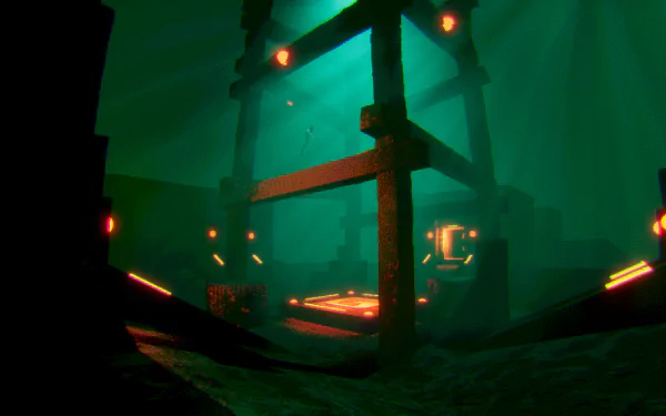HD desktop wallpaper featuring a scene from the video game Murky Divers, showcasing an illuminated underwater structure amidst an eerie, dark green backdrop.