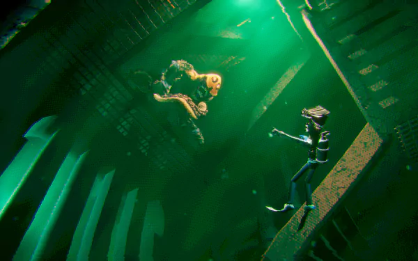 HD wallpaper featuring a scene from the video game 'Murky Divers,' showing two divers underwater, surrounded by eerie green light.